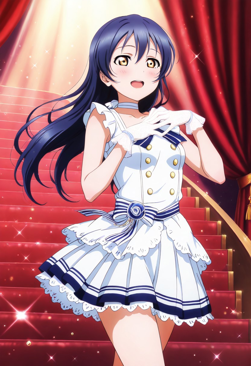 masterpiece, best quality, solo, 1girl, aged up, happy, 
 umi_sonoda, sonoda_umi, long hair, bangs, hair between eyes, blue hair, brown eyes, classical idol dress, navy and white color palette, pleated skirt, ribbon choker, lace gloves, theater stage with dark velvet curtains, grand spotlight shining down, slow and emotional song, elegant pose, deep sincerity in her gaze