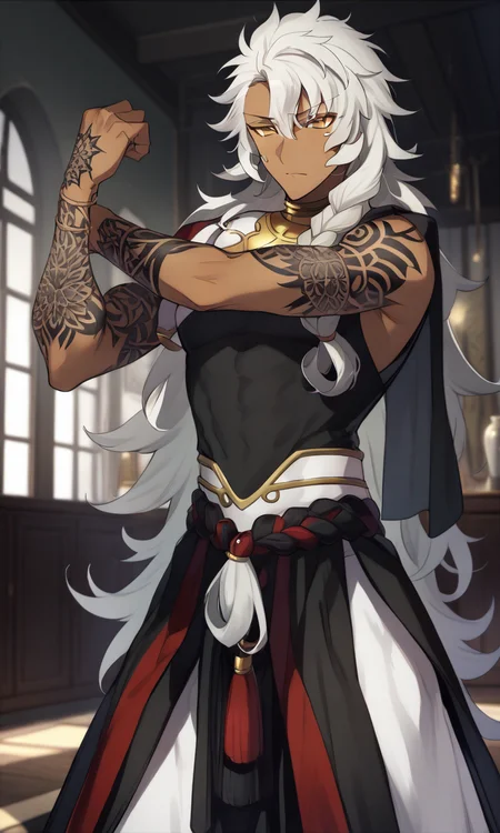 ,score_9, score_7_up, source_anime, solomon_(fgo), handsome, dark-skinned man, long hair, white hair, messy hair, ahoge, braid, yellow eyes, jewelry, long robes, tattoo, black fingernails, cross-body stretch, stretching