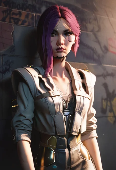 score_9, score_8_up, score_7_up, score_6_up
<lora:CyberSongbird:0.8>
CyberSongbird, 1girl, purple hair, brown eyes, cyberpunk, looking at viewer, leaning against a brick wall, hands in jacket pockets, urban alleyway with graffiti art, moody lighting with shadows, edgy and modern vibe, narrow pelvis, skinny, slender, thin waist, cyberware,