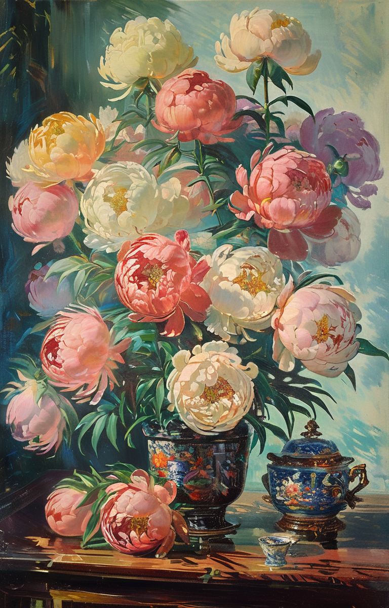 masterpiece,best quality,<lora:tbh263-sdxl:0.9>,illustration,style of Boris Kustodiev decaying peonies