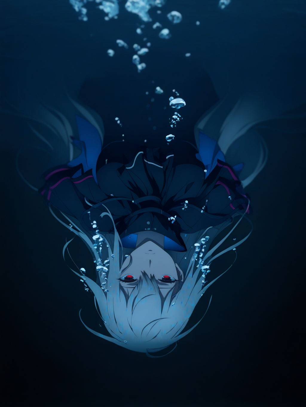 1girl ,solo, upside-down,  upper body, 
 skadi \(arknights\),  
 style-ufotable, chiaroscuro, high contrast, 
  underwater, 
diving, floating hair, 
caustics, 
bubble, 
,masterpiece, best quality, newest, absurdres, highres,
 <lora:style_ufotable_v1:1.0>