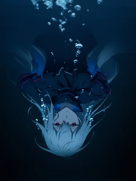 1girl ,solo, upside-down,  upper body, 
 skadi \(arknights\),  
 style-ufotable, chiaroscuro, high contrast, 
  underwater, 
diving, floating hair, 
caustics, 
bubble, 
,masterpiece, best quality, newest, absurdres, highres,
 <lora:style_ufotable_v1:1.0>