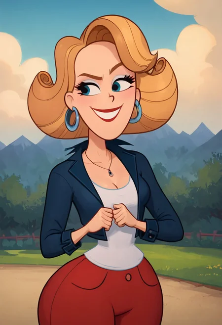 score_9, score_8_up, score_7_up, ultra quality, solo, 1girl, hoop earrings, red pants, blue jackets, Kitty Cartwright, short blond hair, smug smile, face focus, big hips, huge butt, bubble butt, curvy, narrow waist, standing, upper body, front view, looking to the viewer, close up,