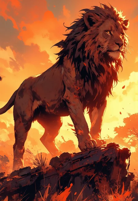 Mh1$AgThS2, intricate linework with expressive contrasts, soft lighting with dynamic highlights, a pride of lionesses hunting on the African savannah, silhouetted at sunset, In the style of ff-td