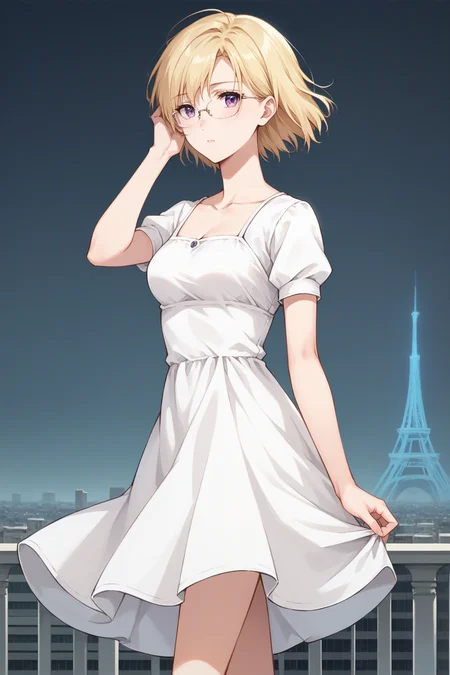 score_9, score_8_up, score_7_up, 1girl, prefect lighting, very aesthetic, intricate details, highly detailed background, masterpiece, high quality, prefect hands, best quality, solo, source_anime,
<lora:Saki_Ayase_Days_with_My_Stepsister_V2:.85>, KJOsaki, blonde hair, purple eyes, short hair, 
white sundress, short sleeves, expressionless, looking to the side, blush, embarrassed, glasses,
adjusting hair, wind,
rooftop, cityscape, 
(Beautiful, medium Breasts:1.2), natural breasts,