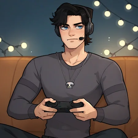 portrait of hunter_DVC man, black hair, skull necklace, focused expression, wearing gaming headset, holding gaming controller, sitting on couch, blue eyes, loungeroom background, LED lights <lora:Hunter_Disventure_Camp:.8>, score_9, score_8_up, score_7_up, <lora:Smooth Anime 2 Style SDXL_LoRA_Pony Diffusion V6 XL:.3> <lora:add-detail-xl:.8> zPDXL3,