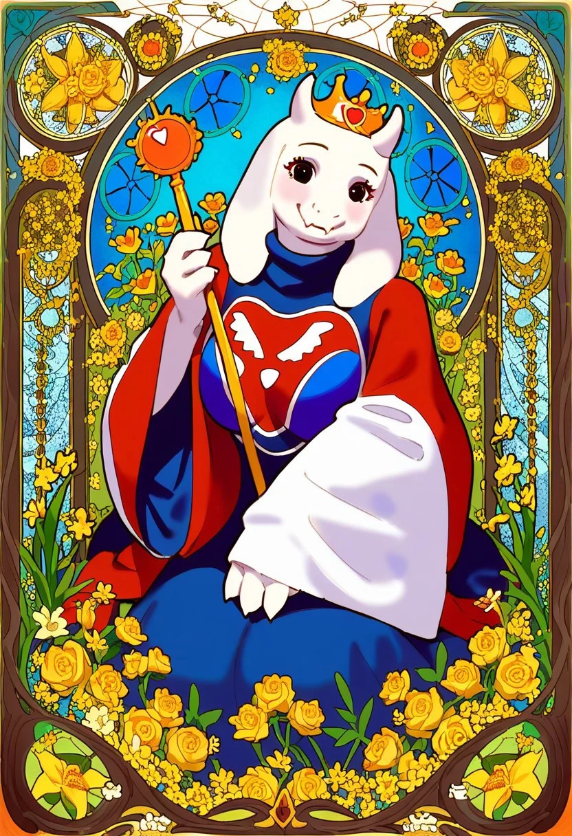 Vivid art style, outline, score_9, score_8_up, score_7_up, source_anime, hi res, extremely detailed, masterpiece, best quality, highres, Lico_PS, very beautiful, toriel, surrounded by flowers, yellow flowers, (white fur), ((fluffy face:0.8)), (art nouveau:1.5), (tarot card), simple crown, shining, serene, flowing robe, sitting, looking towards viewer, (perfect eyes:1), smile, holding pie, holding scepter, ((white heart)), venus symbol, EMPRESS