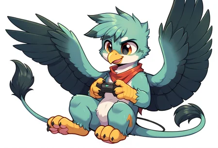 score_9, score_8_up, score_7_up, score_6_up, griffon, original character, Wenge body color by code ((5D5B54)), Dollar Bill Green feather bangs color by code ((87BA59)), eye color Persian Orange ((D08E51)), griffon, my little pony, male, tail with a dawn colored tassel ((A4A097)), the wings are folded behind the back, solo, white background, sitting, hind legs bent, Looking straight ahead, He holds an xbox controller in his front paws, chibi