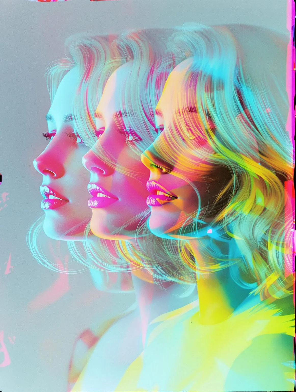 A striking multiple exposure portrait combines three precisely aligned frames of a blonde woman turning her head, captured on expired Kodak Ektachrome. The deliberate color shift from the aged film stock creates unexpected pastel tones in her hair, while cross-processing introduces intense contrast in the highlights. Strategic use of colored gels on strobe lights during each exposure adds distinct chromatic layers - cyan, magenta, and yellow - that separate each motion phase while maintaining a cohesive composition. The final image shows intentional light leaks and chemical staining that frame the movement sequence.