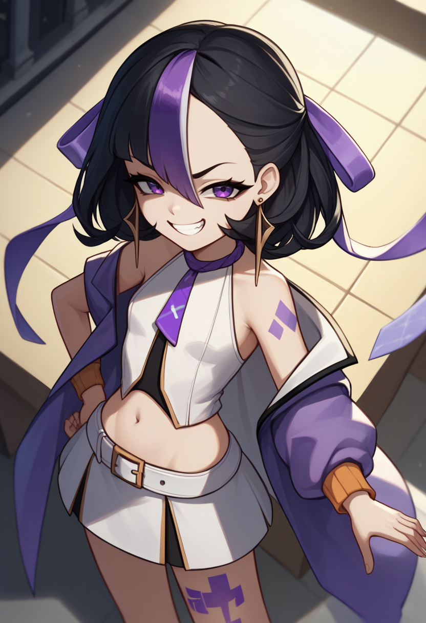 score_9, score_8_up, score_7_up, source_anime BREAK 1girl, solo, standing, <lora:syuen-nikke-richy-v1_pdxl:1> syuen, purple eyes, black hair, streaked hair, short hair, bangs, hair ribbon, earrings, purple jacket, necktie, detached sleeves, sleeveless, crop top, navel, midriff, skirt, belt, leg tattoo, long legs, standing, smug, grin, looking at viewer, see-through cape