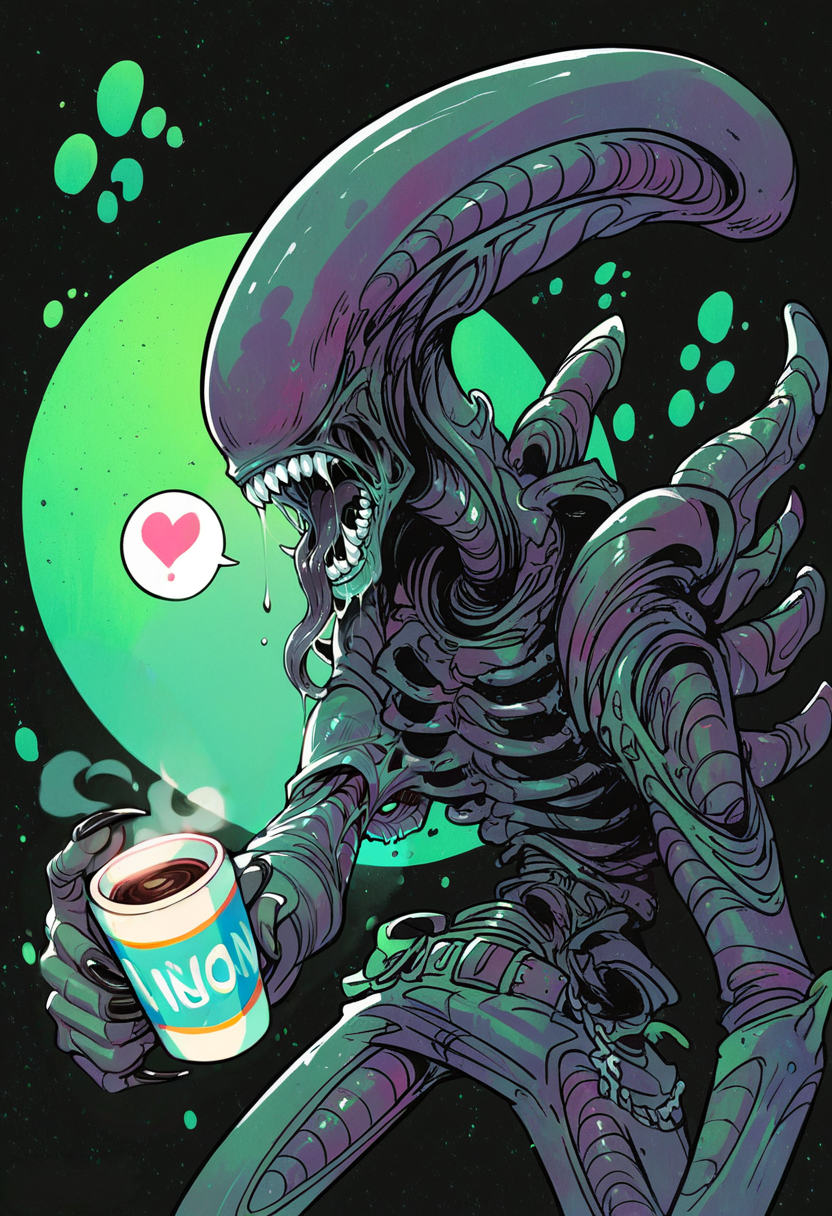 score_9, score_8_up, score_7_up, <lora:xenomorph_pdxl:1>, xenomorph is grabbing a starbucks mug, <lora:s34nXLP:0.7> s34n, black background, vivid, terrifying, growling, scary, dark mood, speech bubble heart, vivid, colorful, acid green background,Comic_Style_PonyXL,
