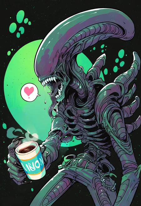 score_9, score_8_up, score_7_up, <lora:xenomorph_pdxl:1>, xenomorph is grabbing a starbucks mug, <lora:s34nXLP:0.7> s34n, black background, vivid, terrifying, growling, scary, dark mood, speech bubble heart, vivid, colorful, acid green background,Comic_Style_PonyXL,