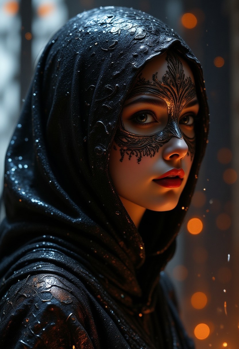 Cinematic style, realism, cinematic quality, Pastel, 
A vibrant, futuristic form with smooth curves and a golden sheen that created an otherworldly atmosphere. The night was thick with rain, its rhythmic drumbeats in the tall windows of the old manor mingling with the low hum of jazz drifting through the room. She moved through the crowd like smoke, dark and elusive, in a shimmering dress that seemed to catch the light in all the right places. Her (((mask of delicate black lace: 1.4))), clinging to her skin, revealed just enough to spark the imagination, but hid the most important parts: her eyes. Only her lips were open, painted a shade of red that seemed both dangerous and inviting, like a whispered secret. One that could kill a man. Simple yet captivating, the design caught the light reflections on its surface, adding depth and dimension. This digital work of art embodies modernity while simultaneously awakening curiosity about what lies beyond our consciousness.