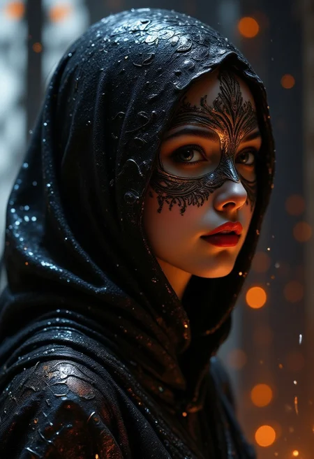 Cinematic style, realism, cinematic quality, Pastel,
A vibrant, futuristic form with smooth curves and a golden sheen that created an otherworldly atmosphere. The night was thick with rain, its rhythmic drumbeats in the tall windows of the old manor mingling with the low hum of jazz drifting through the room. She moved through the crowd like smoke, dark and elusive, in a shimmering dress that seemed to catch the light in all the right places. Her (((mask of delicate black lace: 1.4))), clinging to her skin, revealed just enough to spark the imagination, but hid the most important parts: her eyes. Only her lips were open, painted a shade of red that seemed both dangerous and inviting, like a whispered secret. One that could kill a man. Simple yet captivating, the design caught the light reflections on its surface, adding depth and dimension. This digital work of art embodies modernity while simultaneously awakening curiosity about what lies beyond our consciousness.
