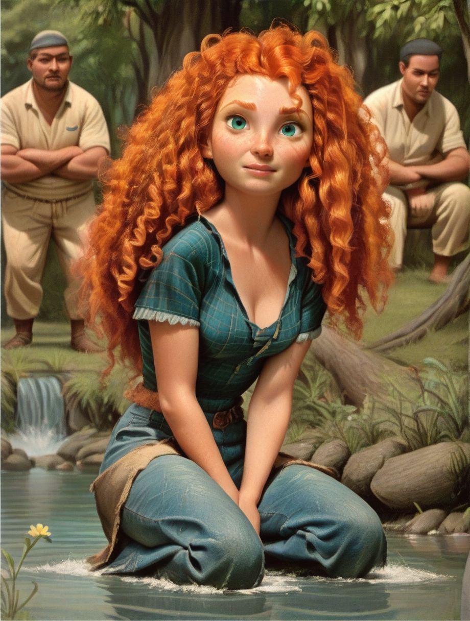 princess Merida,, 1girl,kneeling, multiple boys, denim, water 4dventur3c0v3r, looking at viewer, <lora:agmerge7575:0.85> <lora:princess_pony_v1:.6>, score_9, score_8_up, score_7_up, score_6, score_5, score_4,