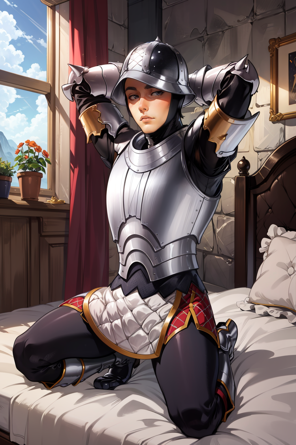 masterpiece, best quality, gatekeeper, helmet, full armor, gauntlets, armored boots, bed, seiza, arms behind head <lora:gatekeeper-nvwls-v1-000012:0.9>