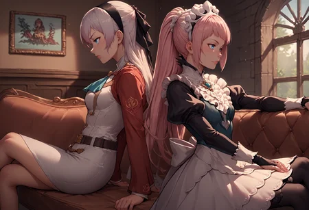 score_9, score_8_up, score_7_up, source_anime, 2girls, back-to-back, from side, <lora:BackToBack_XLPD:0.55>, indoors, sitting, couch,
BREAK <lora:elie-pdxl-nvwls-v1:1> zeroElie, black hairband, hair ribbon, long hair, ascot, uniform, long red sleeves, white dress, pencil skirt, belt, black pantyhose,
BREAK <lora:felicia-fe-richy-v1_xl:1> feliciadef, pink hair, ponytail, blue eyes, maid headdress, brooch, maid apron, black thighhighs, bridal gauntlets,