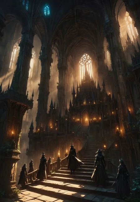 1other, indoors, balcony, window, stained glass, tower, stairs, multiple others, ambiguous gender, fantasy, architecture, altar, standing, weapon, multiple boys, arch, (eye-level on a low-angle high-angle shot of a grand medieval castle hall built to an absurd height:1.2).
The castle is decorated with antique furniture and adorned with spikes and gargoyles. Two acolytes, dressed in dark clothing, are walking on a narrow elevated walkway. A disturbing and ominous scene, inside a gothic castle., The illustration captures a sense of mystery and intrigue, with a low-angle shot of the castle's grandeur.,
eerie, stygian, gloomy, decay, haunting,
crepuscular rays, volumetric lighting, light bloom, (deep glow effect:1.3),
anime artwork, anime style, studio anime, realistic, hyperrealism,
highly detailed, masterpiece, best quality, very aesthetic, absurdres, cinematic lighting,
DonM3t3rn1tyXL, Bloodborne, artchlr, DonMG414XL, otclillsn,