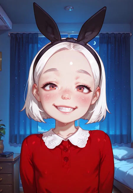 4k, fine detail, high quality eyes, masterpiece, best quality, amazing quality, geh1, 4s0r4,, eigaka, possmach, artist:moriimee, 1 girl, solo girl, young, sabrina, white hair, short hair, smile, looking at viewer, red dress, black hairband, upper body, grin, smile, blush, room, night