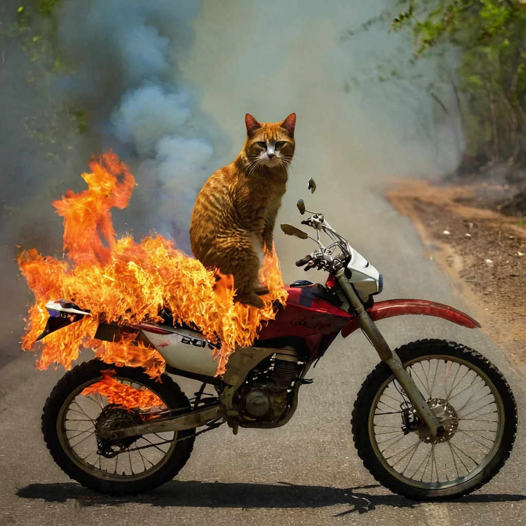 forest fire <lora:DD-above-v1:1> cat on bike
