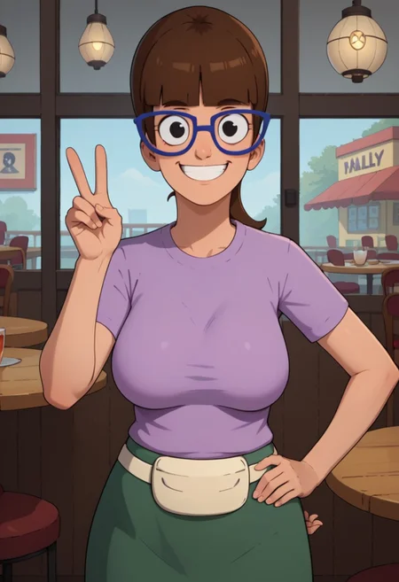 ((restaurant background)),score_9, score_8_up, score_7_up,score_6_up,
1girl, solo, Gayle_BB, light skin, black eyes, blue glasses, brown hair, straight bangs, hairstyle ponytail, lilac t-shirt, green skirt, white fanny pack on the waist, white flat shoes, tall stature, big eyes, social smile, perfect eyes, perfect smile, looking at the viewer, big breasts, detailed eyes, perfect eyes, standing, (front pose, front view, cowboy shot) (hand up, hand on hip, peace sign)