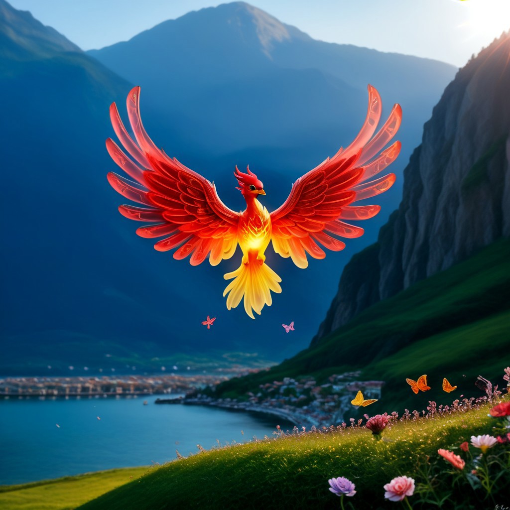 score_9, score_8_up, score_7_up, Phenomenal Almighty Phoenix with body adored from pink and red crystals flying in the sky in its splendor, intense pink and red glowing aura on the phoenix's body, powerful energy reside inside the core of phoenix's body and the phoenix's eyes radiating blazing heat, strong focus on subject, strong bokeh, masterpiece, flawless complexion, top quality, best quality, ultra-realistic, ultra-detailed, 8k, raw photo, highest resolution, surreal, incredibly lifelike, real life photo reality, lots of colorful kinds of beautiful flowers, bunches of tiny little animals, tiny birds and butterflies flying around, fish jumping in the air, wisdom tree, sunlight, perfect shadow, perfect panorama photo, lakes, meadows, best artistic scenery, colorful, rich colors, perfection artistic, uncanny realism, realism pushed to extreme, outstanding clear photo quality, immaculate-micro-details phoenix, intricate details, awards winning legendary almighty beast photography, 360 View, 360, micro details photography, shot on Canon EOS 5D, glamour photography, radiant god rays, Ilford HP5 Plus, Photographers by Tim Walker, technicolor, hattiezazu, digital art, depth of field, (distant view:1.37)