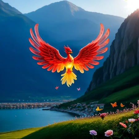 score_9, score_8_up, score_7_up, Phenomenal Almighty Phoenix with body adored from pink and red crystals flying in the sky in its splendor, intense pink and red glowing aura on the phoenix's body, powerful energy reside inside the core of phoenix's body and the phoenix's eyes radiating blazing heat, strong focus on subject, strong bokeh, masterpiece, flawless complexion, top quality, best quality, ultra-realistic, ultra-detailed, 8k, raw photo, highest resolution, surreal, incredibly lifelike, real life photo reality, lots of colorful kinds of beautiful flowers, bunches of tiny little animals, tiny birds and butterflies flying around, fish jumping in the air, wisdom tree, sunlight, perfect shadow, perfect panorama photo, lakes, meadows, best artistic scenery, colorful, rich colors, perfection artistic, uncanny realism, realism pushed to extreme, outstanding clear photo quality, immaculate-micro-details phoenix, intricate details, awards winning legendary almighty beast photography, 360 View, 360, micro details photography, shot on Canon EOS 5D, glamour photography, radiant god rays, Ilford HP5 Plus, Photographers by Tim Walker, technicolor, hattiezazu, digital art, depth of field, (distant view:1.37)