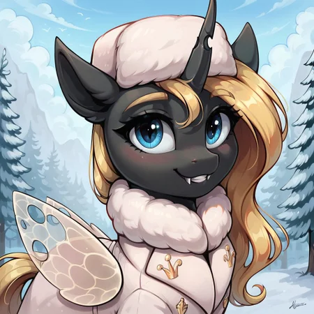masterpiece, score_9, score_8_up, score_7_up, (best quality:1.1), ultra-detailed, high resolution, solo, Yaria, changeling queen oc, mlp, feral, black skin, long blonde mane, blonde eyebrows, ((beautiful detailed blue eyes)), long eyelashes, single horn, ears, Insect wings, white winter coat, fur hat, detailed clothing, fang, highly detailed macro illustration, smiling, blushing, outside, Highly Visible, (((8k))), sharp focus, perfect lighting, anatomically correct, extremely detailed, shine on body, (Snowy wastelands), high detail, cute face, Expressiveh, detailed background, OverallDetail, zPDXL2