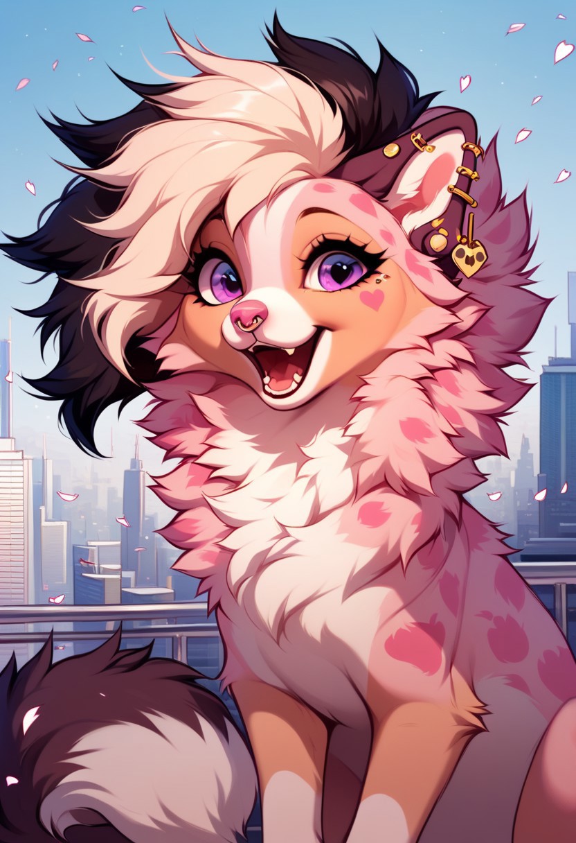 score_9, score_8_up, score_7_up, score_6_up, score_5_up, score_4_up, solo, rating_safe,
1girl (Sunni, pomeranian, dog, spitz, feral, pink fur, cream fur, white fur, dark brown tail tip, one tail, fluffy tail, heart markings, pointed ears, thick fur, long tail, short muzzle, eyelashes, inner ear pink, pink nose, ear piercing, cartilage piercing, arrow-shaped earring, nose piercing, nostril piercing, metal piercing, pointed earring, two-tone hair, white and black hair, bi-color hair, purple eyes, open eyes, open mouth, happy, looking at viewer, in city), masterpiece, insane quality, cityscape background