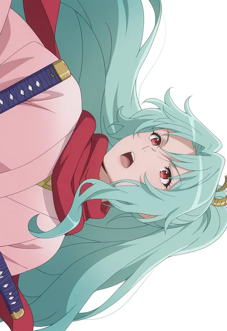 Smooth Quality,masterpiece, ultra realistic,
simple background, white background,
sideways,open mouth,wind,
<lora:Tomoecnn:0.8> sofia/cnn, 1girl, long hair, scarf, ponytail, red eyes, japanese clothes, katana, green hair, very long hair,