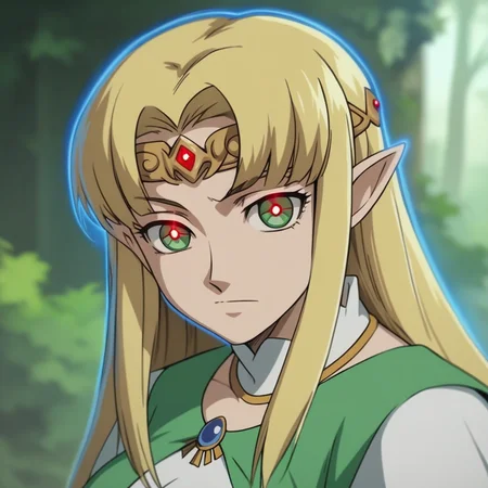 source_anime, D4RK3RTH4NBL4CK, DTB_Style,((score_9)),score_8_up,score_7_up,score_6_up,score_5_up,score_4_up, retro_artstyle, anime style, 1woman, Princess Zelda, blonde hair, large breasts, (green eyes), (C0NTR4CT0R, Contractor, red_pupils, glowing, glowing eyes), looking at viewer, facing viewer, masterpiece, best quality, highres, best illumination, depth of field, Artist style:komori_takahiro