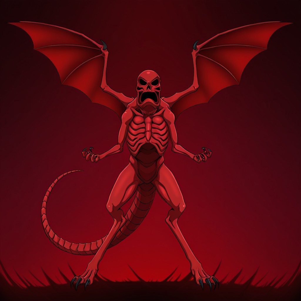 masterpiece, high quality, absurdres, 
CreepyRed, wings, claws, full body, creepyred3, spread wings, tail, skeleton, 1boy, ribs, 3-clawed hands, red skin, solo, hollow eyes, monster, no humans, dragón wings, two arms, two legs,