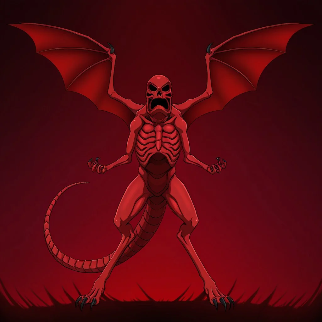 masterpiece, high quality, absurdres,
CreepyRed, wings, claws, full body, creepyred3, spread wings, tail, skeleton, 1boy, ribs, 3-clawed hands, red skin, solo, hollow eyes, monster, no humans, dragón wings, two arms, two legs,