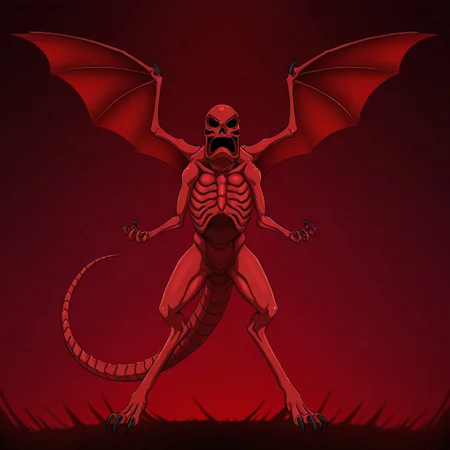 masterpiece, high quality, absurdres,
CreepyRed, wings, claws, full body, creepyred3, spread wings, tail, skeleton, 1boy, ribs, 3-clawed hands, red skin, solo, hollow eyes, monster, no humans, dragón wings, two arms, two legs,