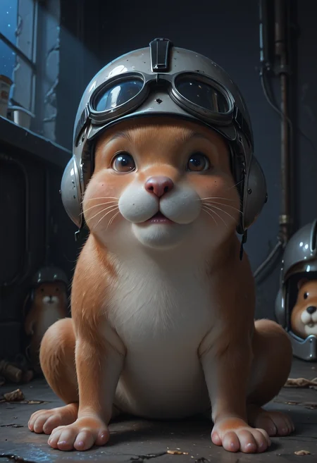 ((realistic, photorealistic, realistic shading)), mcht2, (masterpiece, best quality, amazing quality), dark theme, night theme, very aesthetic, ultra detailed, highly detailed, absurdres, (volumetric lighting, HDR), sh_fs, yogurt, 1animal, hamster, helmet, :3, no humans, goggles