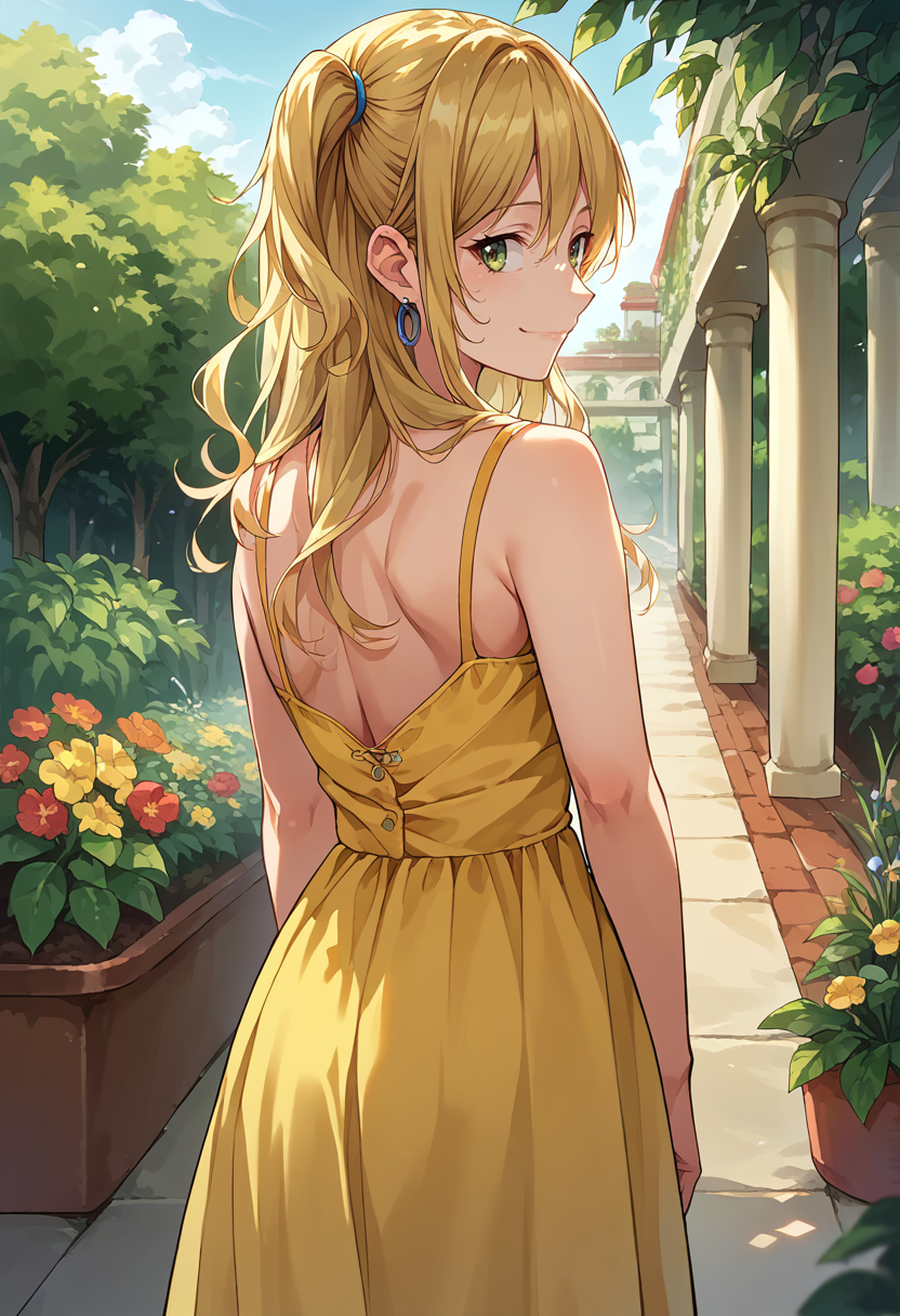 score_9, score_8_up, source_anime, 1girl, solo, YuzuAihara, long hair, two side up, earrings, from behind, yellow sundress, garden, day, sunshine, smile, looking back, <lora:ChamYuzuAiharaPonyXL:1>