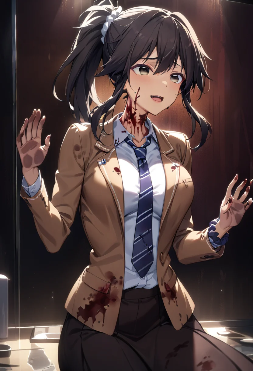1girl, yuzuri\(memories off 8\), solo, brown hair, ponytail, one side up, indoors, sitting, kaioka brown blazer school uniform, upper body, blue striped necktie, pink wrist scrunchie, green hairscrunchie, :d, smile, empty eyes, shards of glass, holding shard, (blood on face, blood on neck, blood on clothes, blood on glass, blood on wall:1.2), masterpiece, best quality, very aesthetic, absurdres, highres, 4k, 8k, intricate detail, cinematic lighting, wallpaper, <lora:aesthetic_anime_v1s:1>, <lora:yuzuri-1.3:1>