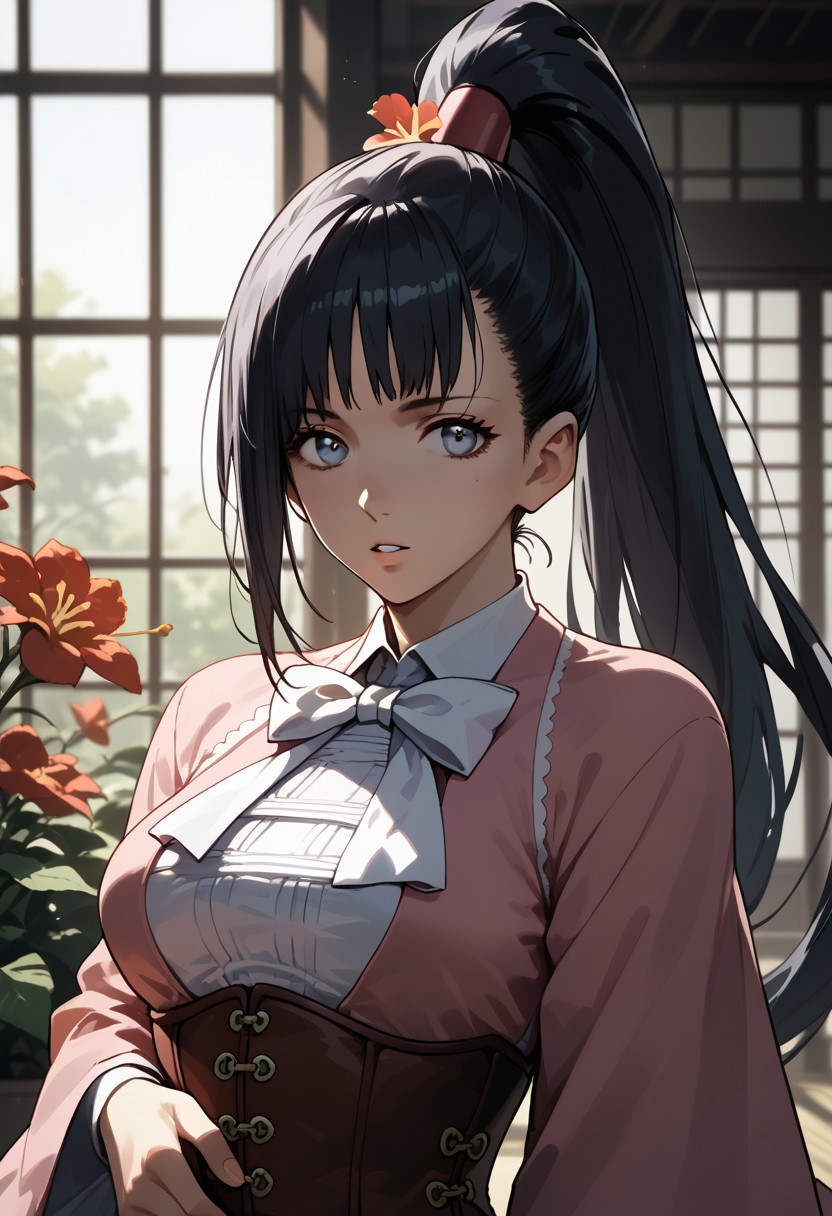 score_9,score_8_up,score_7_up,source_anime, Ayame Yomogawa,1girl,solo,breasts,looking at viewer,shirt,hair ornament,long sleeves,bow,upper body,flower,parted lips,hair flower,wide sleeves,bowtie,high ponytail,white bow,corset,white bowtie,