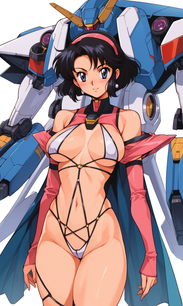 score_9, score_8_up, score_7_up, score_6_up, score_5_up, score_4_up, source_anime, 1980s_(Style), retro_artstyle, 3ighti3sstyl3, 1woman, revealing clothes, blush, solo focus, background:mecha, gundam, science_fiction  