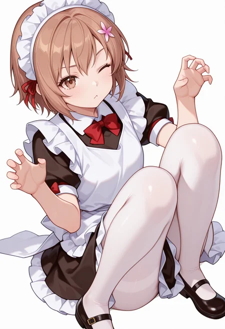 Smooth Quality,masterpiece,very intricate, high quality details, ultra realistic, high detailed skin,detailed enviorement,absurdres,
claw pose,
 <lora:Yukimura_Kusunoki_CNR:0.8> yukimuria_cnr, 1girl, brown hair, short hair, brown eyes,hair flower,maid, maid headdress, apron, dress, white pantyhose,mary janes, shoes,bow,, simple background, white background, sideways,solo,, ;<,