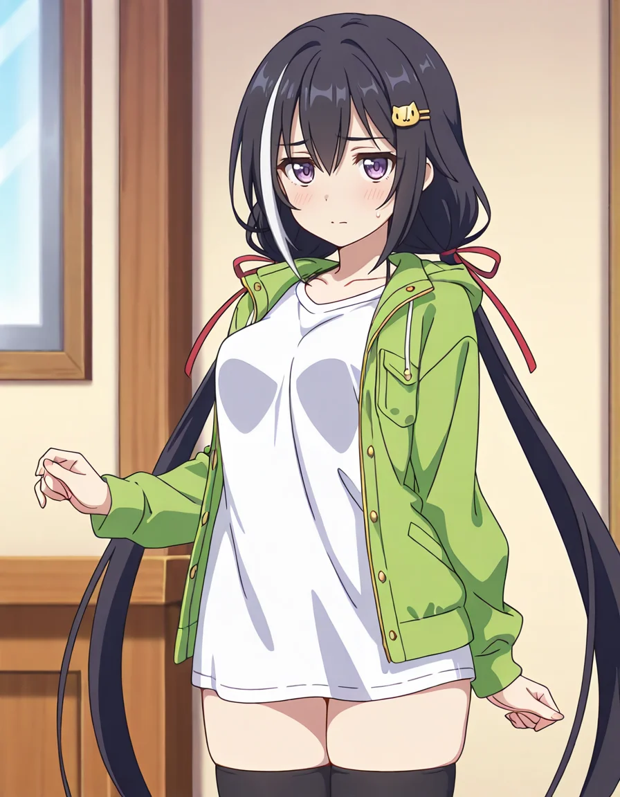 (momochi kiruya,streaked hair,multicolored hair,black hair,white hair,very long hair,low twintails,red ribbon,bangs,cat hair ornament,purple eyes,green open jacket,white shirt,black thighhighs,a little sad,1girl),house,room,Low Key Lighting,day,
looking at viewer,
medium breasts,
perky breasts,realistic proportions,natural looking breasts,explicit,hair between eyes,strong outlines,clean lineart,harsh lines,slim,curvy,(narrow waist:0.1), wide hips,thick thighs,detailed body,skindentation,matte skin,smooth skin,deep skin,soft brightness,detailed mouth,kawaii,moe face,
(anime screencap),(anime coloring:1.2),anime style, Japanese anime, cel-shading, clean lineart, vibrant colors, sharp facial features, 2D illustration, anime screencap style,anime background scenery,detailed linework,intricate details,(masterpiece,best quality,amazing quality),IllusP0s,(very aesthetic,absurdres:1.2),16k,highres,perfect hands,five fingers,detailed hands,
<lora:ããªã³ã»ã¹ã³ãã¯ãReDiveãã£ã«illustriousPrincess_Connect_ReDivekarylillustrious:1:0.8>