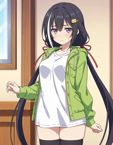(momochi kiruya,streaked hair,multicolored hair,black hair,white hair,very long hair,low twintails,red ribbon,bangs,cat hair ornament,purple eyes,green open jacket,white shirt,black thighhighs,a little sad,1girl),house,room,Low Key Lighting,day,
looking at viewer,
medium breasts,
perky breasts,realistic proportions,natural looking breasts,explicit,hair between eyes,strong outlines,clean lineart,harsh lines,slim,curvy,(narrow waist:0.1), wide hips,thick thighs,detailed body,skindentation,matte skin,smooth skin,deep skin,soft brightness,detailed mouth,kawaii,moe face,
(anime screencap),(anime coloring:1.2),anime style, Japanese anime, cel-shading, clean lineart, vibrant colors, sharp facial features, 2D illustration, anime screencap style,anime background scenery,detailed linework,intricate details,(masterpiece,best quality,amazing quality),IllusP0s,(very aesthetic,absurdres:1.2),16k,highres,perfect hands,five fingers,detailed hands,
<lora:ããªã³ã»ã¹ã³ãã¯ãReDiveãã£ã«illustriousPrincess_Connect_ReDivekarylillustrious:1:0.8>