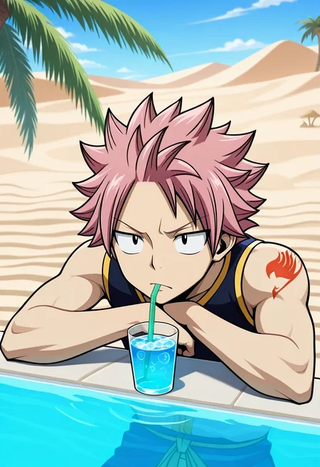 masterpiece, best quality, , , , 1boy, solo, male focus, <lora:natsu_dragneel_ilxl:0.96>, natsu_dragneel, pink hair, black eyes, spiked hair, , desert oasis, palm trees, clear pool, sand dunes, drinking water, relieved expression, midday,