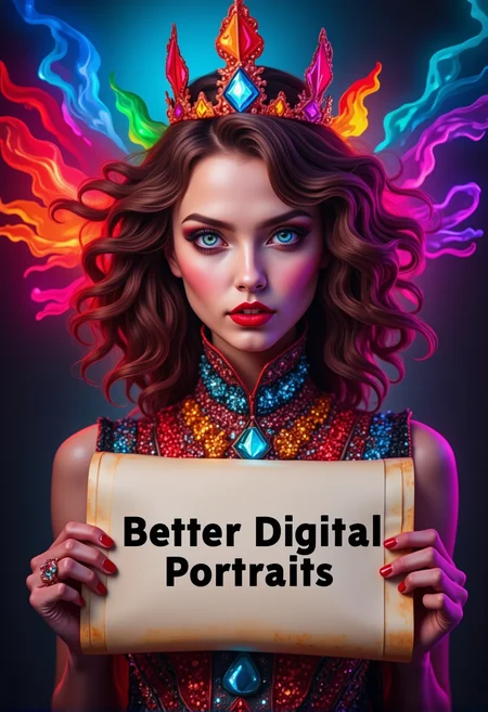 bv-betdigpor. A young woman with vibrant expressions at a dreamlike Burning Man event. The scene is illuminated by pale moonlight. The young woman is holding or displaying a clear sign that reads "Better Digital Portraits", in a scroll she holds. The image has a "Better Digital Portraits" aesthetic, focusing on flawless skin, vibrant colors, and deep contrasts. , <lora:bv-better-digital-portrait.safetensors:1.0:1.0>