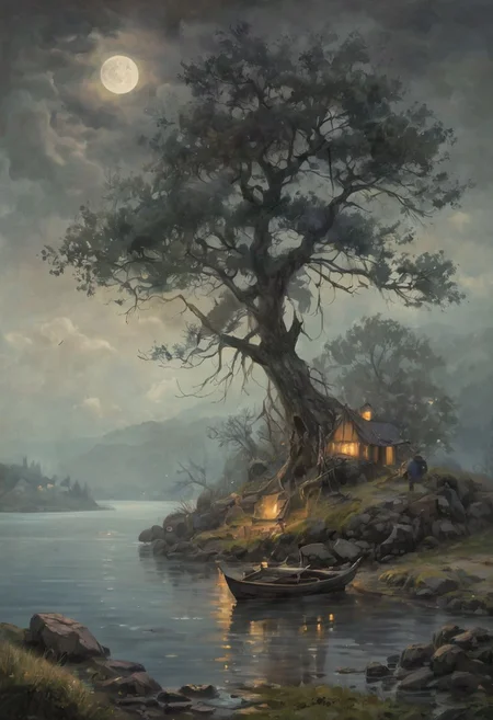 Under the pale light of the full moon, dark atmosphere, dark clouds and mist, a georgous tree looking at wiever, at the background a  fisherman island. romantic impressionism, dream scenery art, beautiful oil matte painting, romantic, beautiful digital painting, anime landscape, romantic painting, dreamlike digital painting, colorful painting, thick brushstrokes characteristic, rough stroke,  beautiful gorgeous digital art, style Karol Bok, Brian Froud, Wendy Froud, Guy Davis, Sergio Sandoval