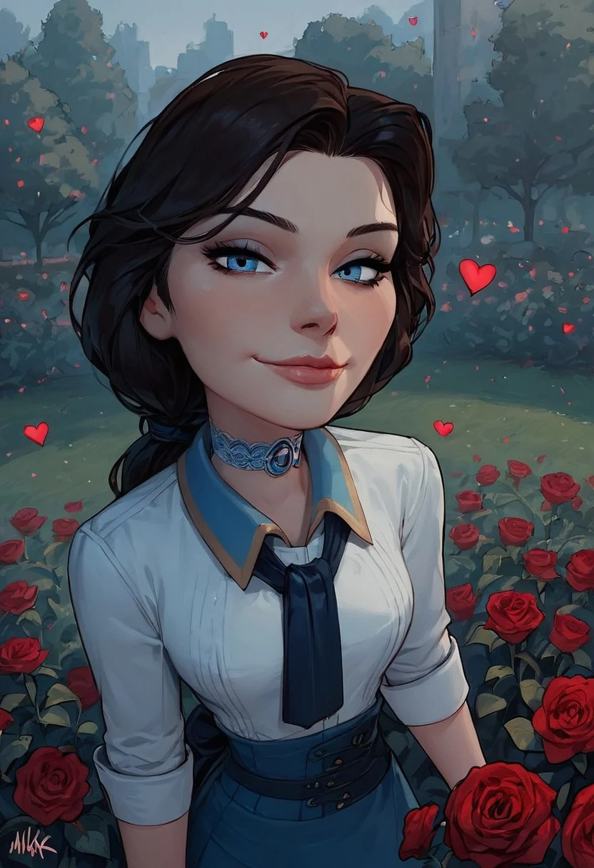 score_9, score_8_up, score_7_up, score_6_up, 1girl, 25 years old, perfect face, cute, petite, blue eyes, lace, park, green garden, seductive smile, come hither, naughty face, looking at viewer, dynamic angle, red roses, ELIZABETH2, low ponytail, tie, collared shirt, white shirt, skirt, blue eyes, hearts, holding rose