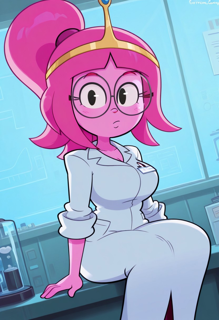 ,solo, beautiful shadows,cartoony style,high res, extremely detailed, beautiful lighting, beautiful shadows, beautiful background, laboratory, Bonnibel, labcoat, white scientist coat, glasses, ponytail, pink hair, pink skin, , straight hair, tiara,, sitting, beautiful clothes, dynamic angle, side angle