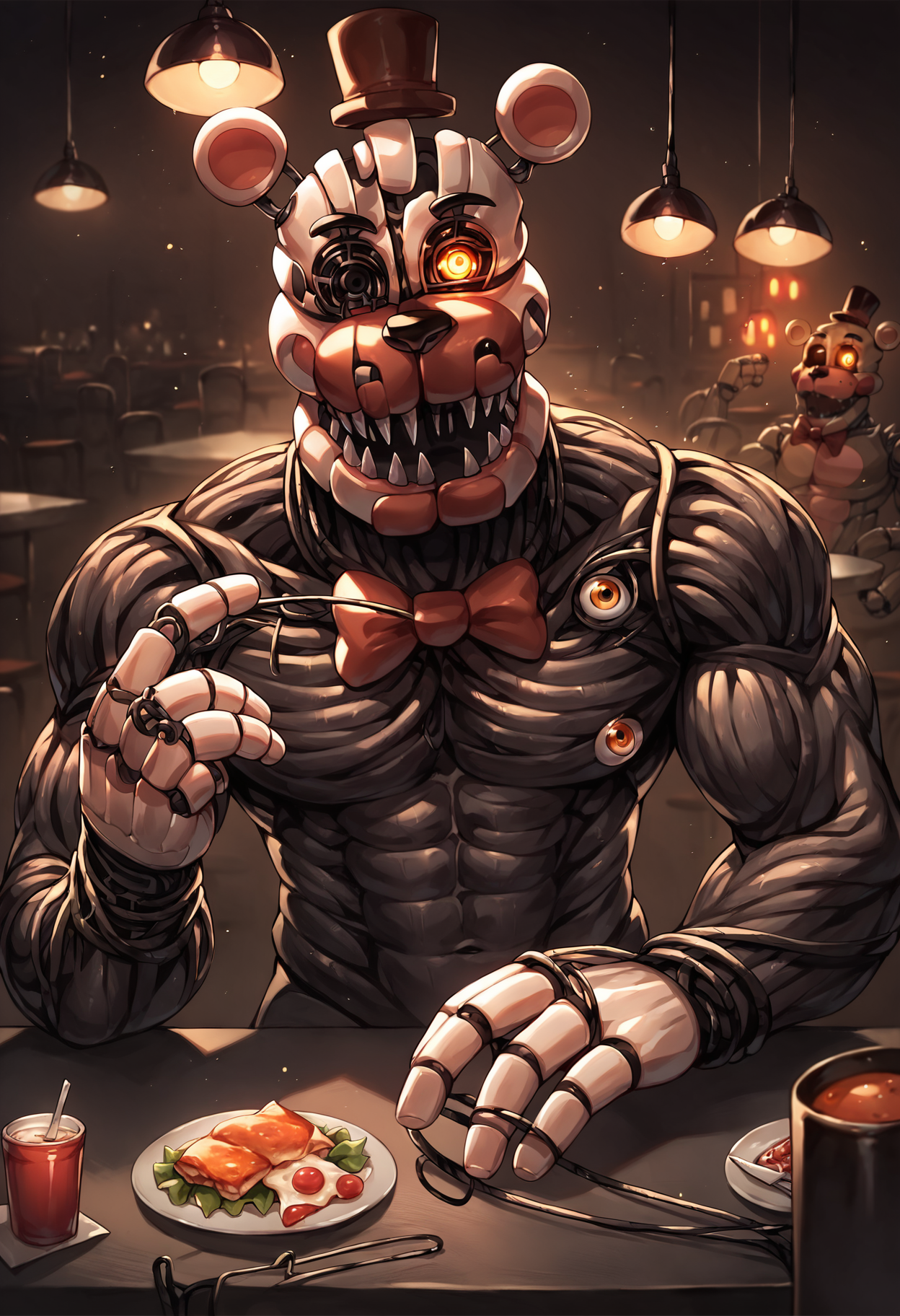 score_9, score_8_up, score_7_up, lots of details, highly detailed, (moltenfreddy), wires, tentacles, animatronic, muscular, orange eye, glowing eye, looking at viewer, one eyed, dark background, pizzeria, cafe, inside, light particles, detailed, detailed eyes, hires, best quality <lora:MoltenFreddy_v2:0.96>