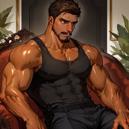 <lora:Mahing__White_moss:.7>, Mahing, brown eyes, mustache, Dark skin,
cowboy shot, sitting,
(very short hair), male focus, muscular male, bara, mature, (glossy skin, bara, mature, facial hair,), facial hair, bara, mature,  aixiwuganda_(20222192), very awa, masterpiece, best quality, absurdres, newest, perfect quality, detailed background, intricate details,<lora:slider_Body Type_alpha1.0_rank4_noxattn_last:1><lora:Anime Summer Days 2 Style SDXL_LoRA_Pony Diffusion V6 XL:.6> <lora:slider_cfg_scale_boost:.7><lora:Artist6p:.55>, Artist6p, Artist04p,<lora:slider_il_brightness_slider_d1:-.5><lora:slider_il_contrast_slider_d1:-.5>,<lora:slider_contract_controller_illus01_v1:.3>,<lora:slider_DarkSlider1.2_alpha1.0_rank16_full_300steps:-.3><lora:Heavenly_Beauty_r1:1>, (heavenlybeauty,)<lora:slider_style_strength_controller_illus01_v1:.25>