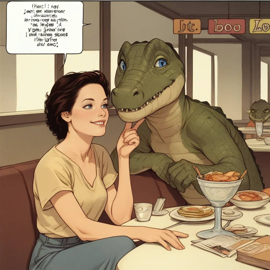 score_9, score_8_up, score_7_up, score_6_up, score_5_up, score_4_up, flat shading, comic, comic book, comic book panel, <lora:LittleEgo_t1-000008-128:1.0> 1girl, LittleEgo, blue eyes, restaurant, sitting, alligator, smile